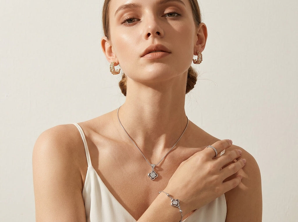 CZ Clover Snake Chain Pendant Necklace