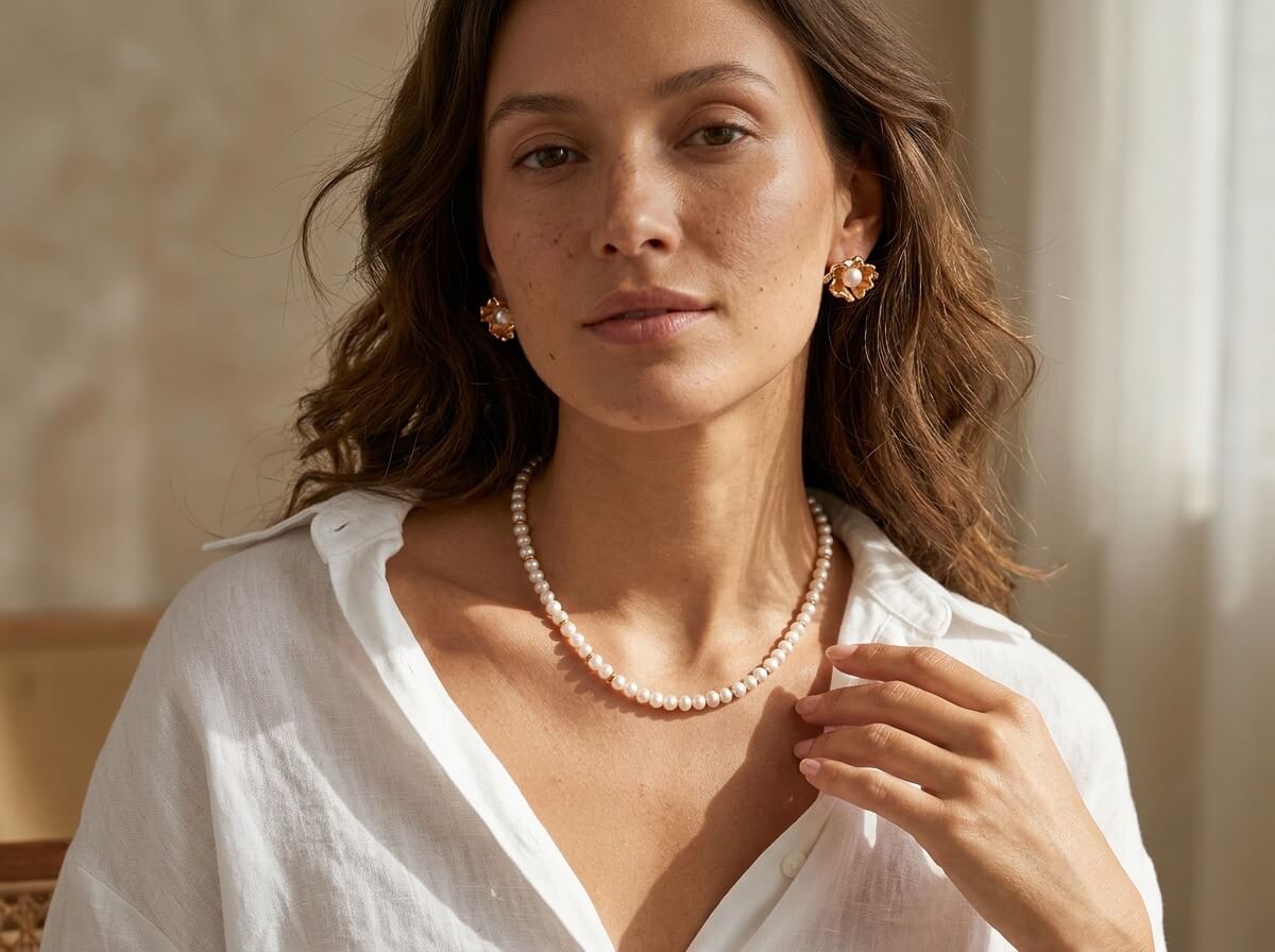 Pearl & Gold Ring Spacer Strand Necklace