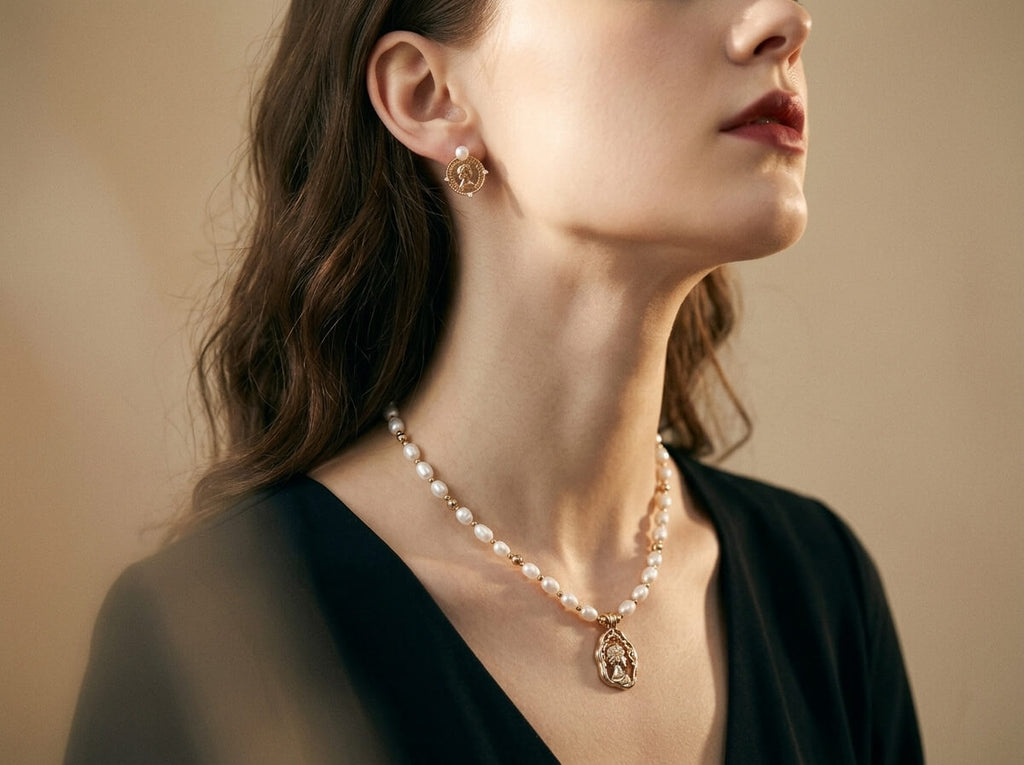 Goddess Cameo Pearl & Gold Bead Necklace