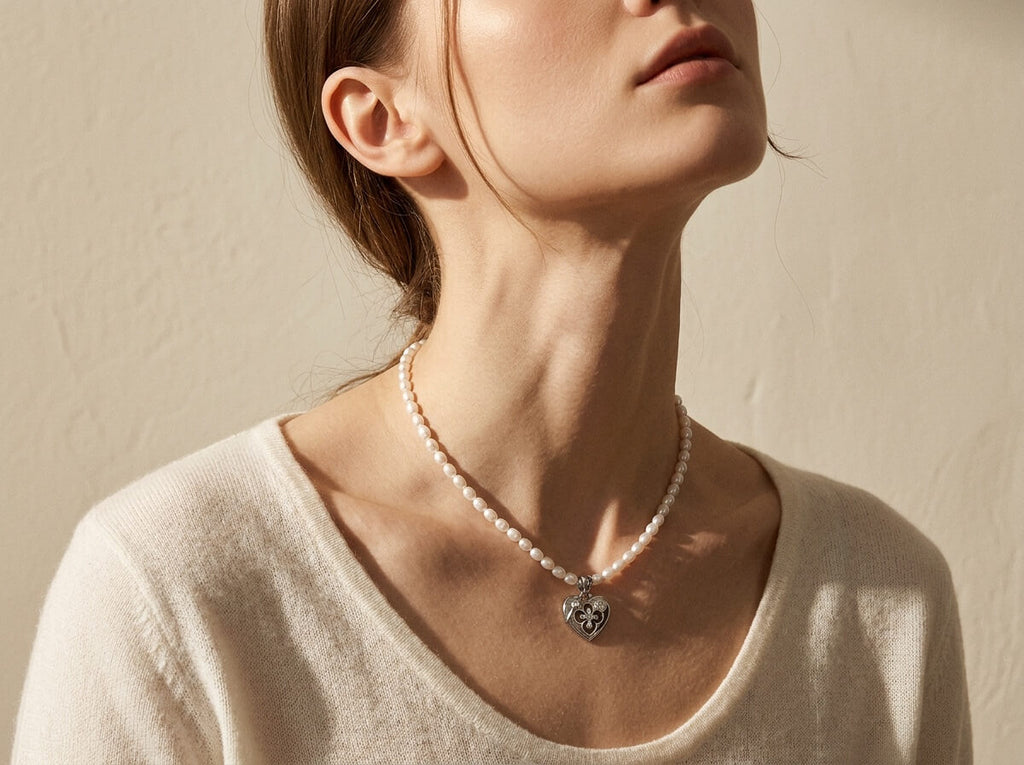 Fleur-de-Lis Heart Pearl Strand Necklace
