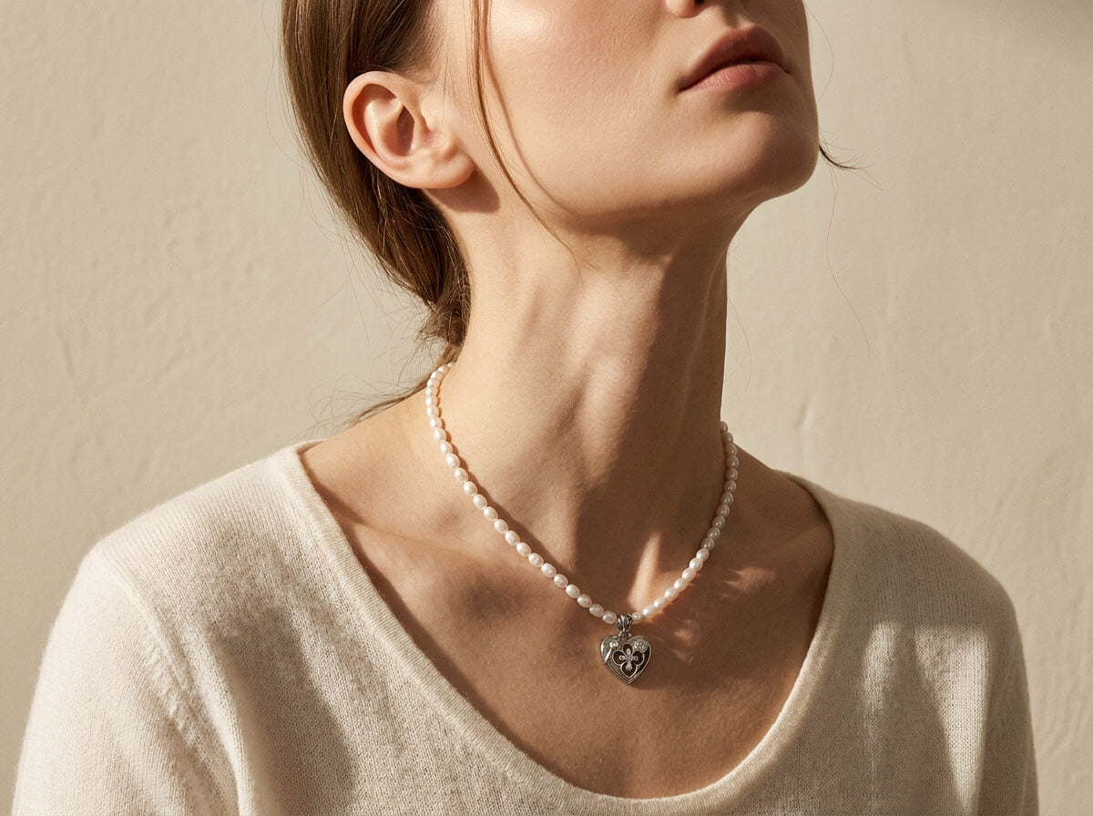 Fleur-de-Lis Heart Pearl Strand Necklace