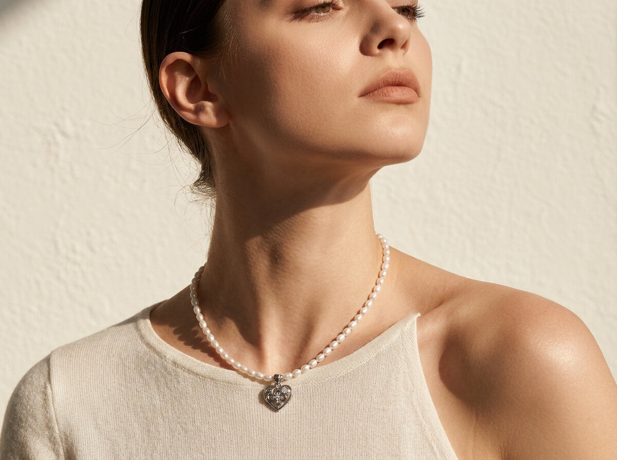 Fleur-de-Lis Heart Pearl Strand Necklace