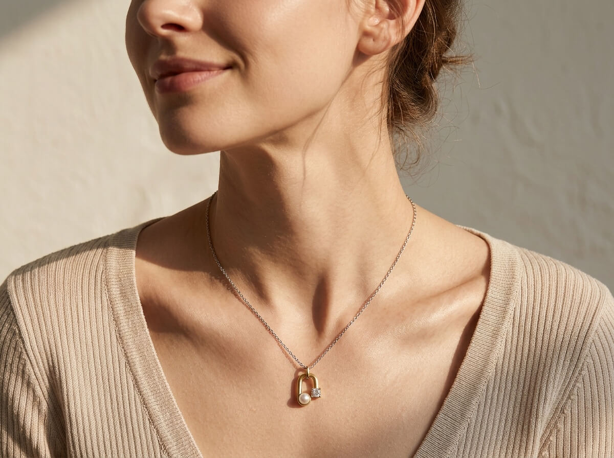 Pearl & CZ Horseshoe Link Pendant Necklace