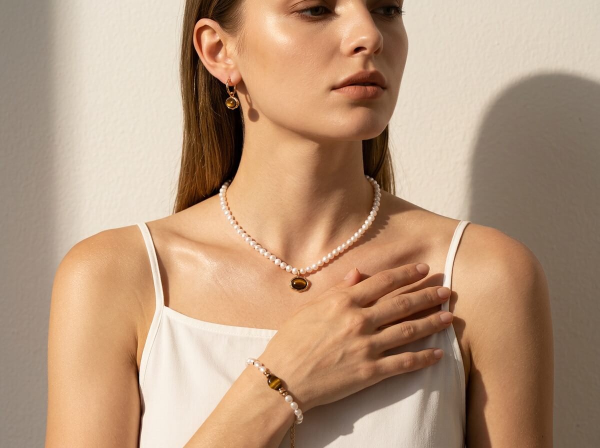 Amber Eye Pearl Strand Necklace