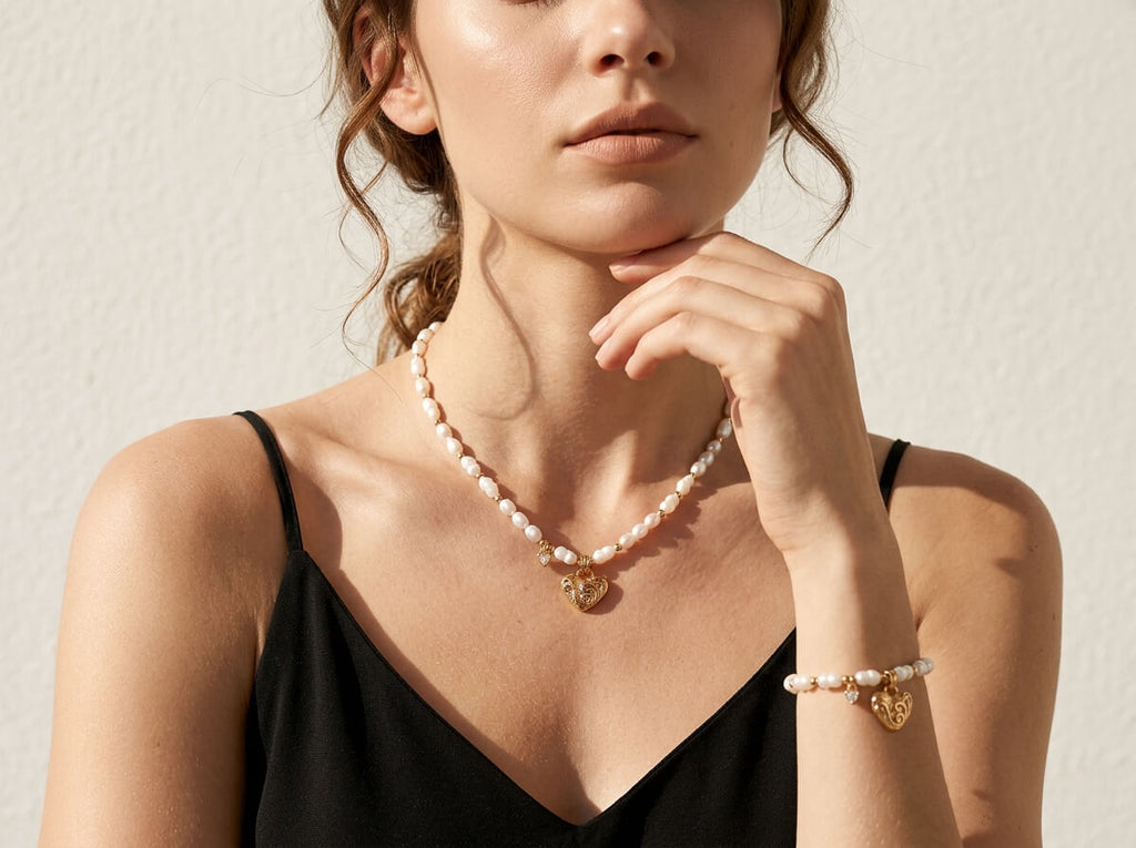Baroque Heart Pearl & Gold Bead Charm Necklace