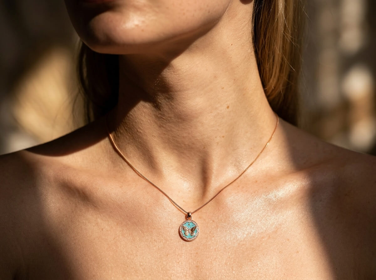 Turquoise Butterfly Coin Pendant Necklace