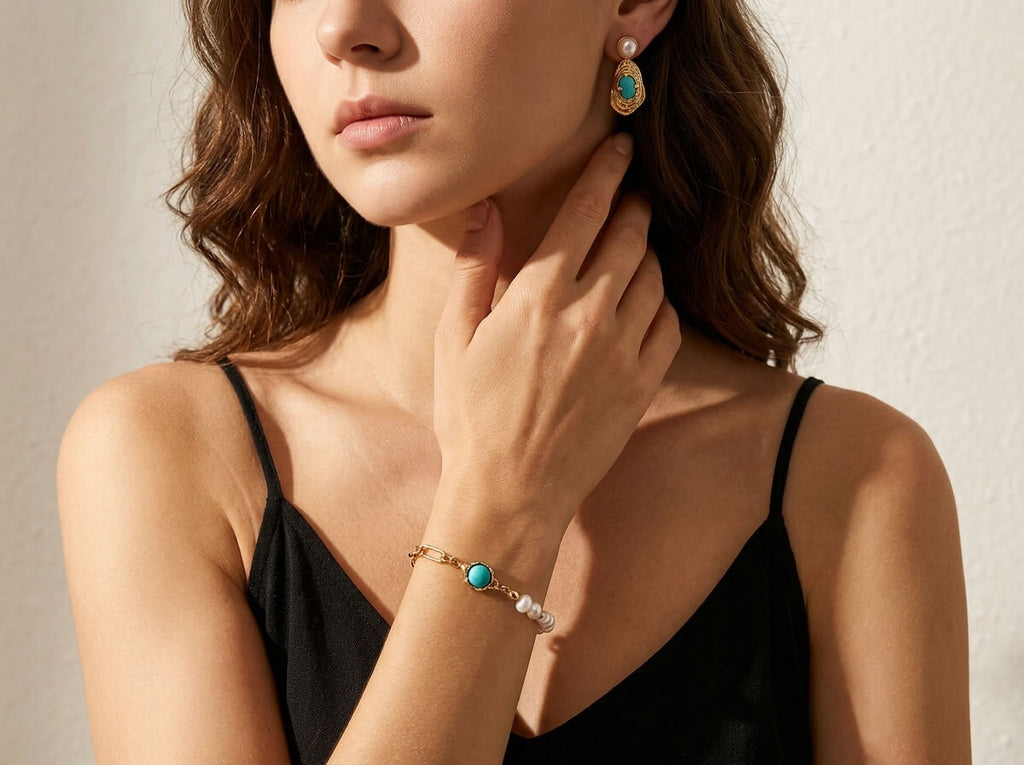 Turquoise & Pearl Figaro Demi-Lune Bracelet