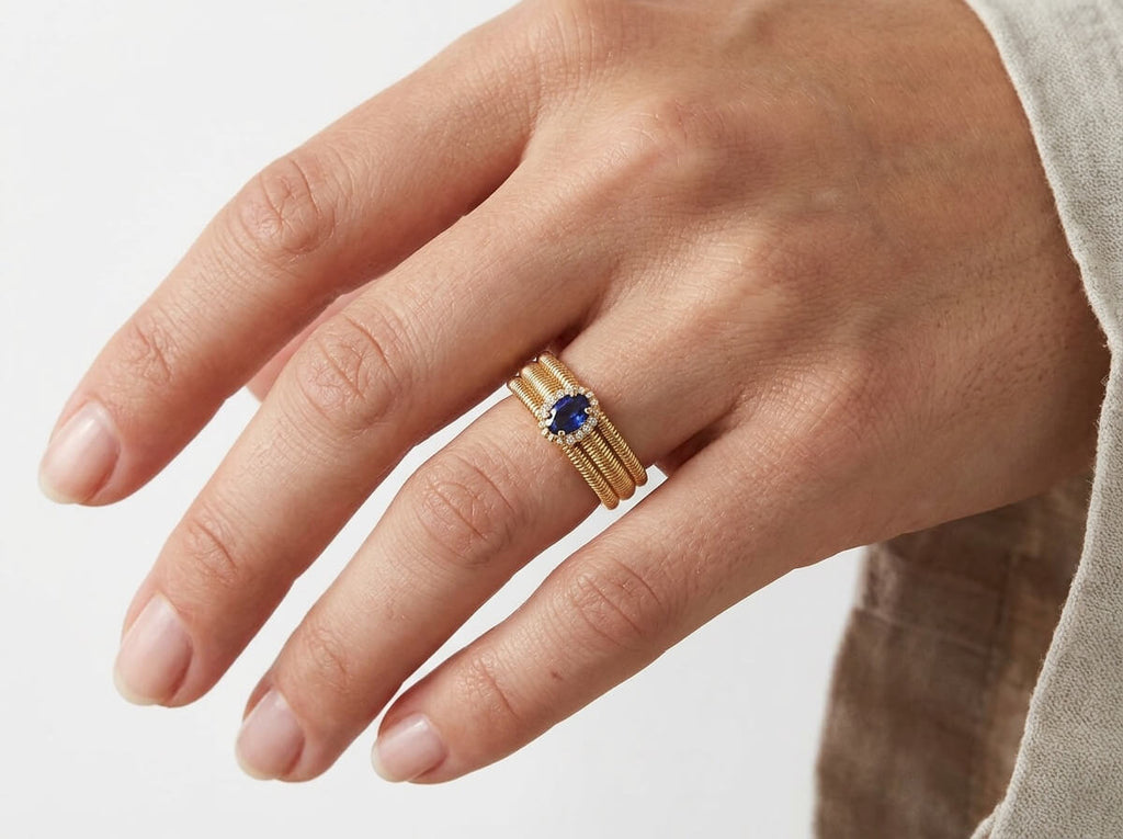 Sapphire Blue CZ Ribbed Wide Open Ring