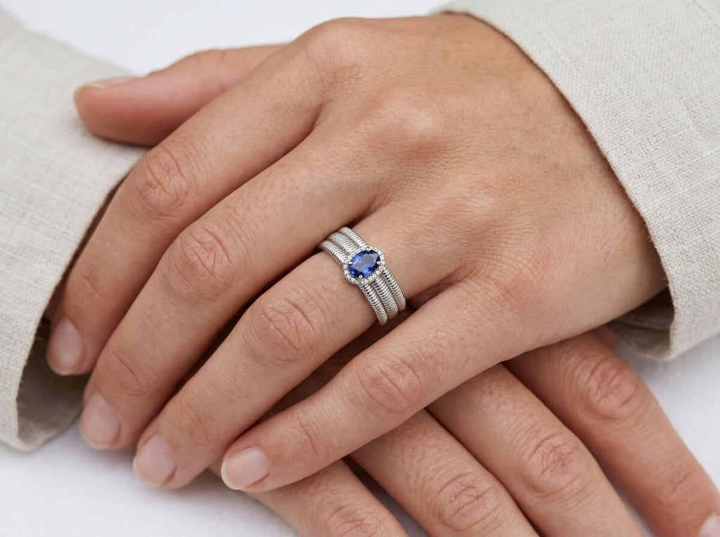 Sapphire Blue CZ Ribbed Wide Open Ring