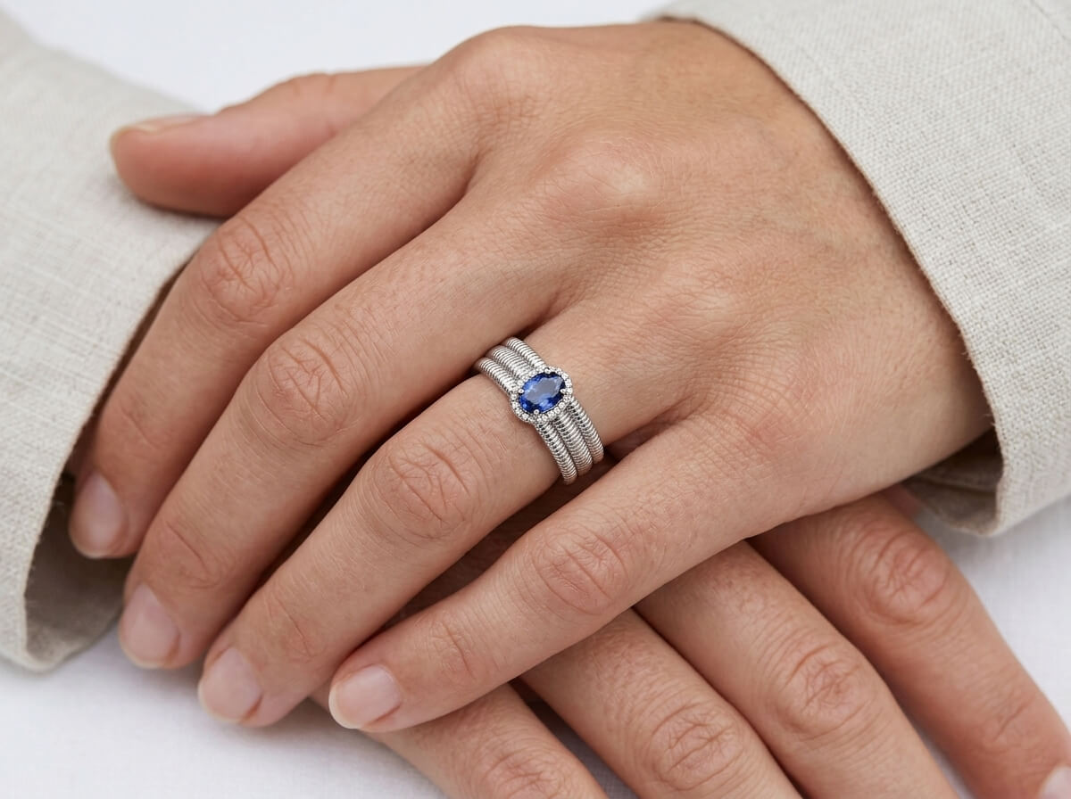 Sapphire Blue CZ Ribbed Wide Open Ring