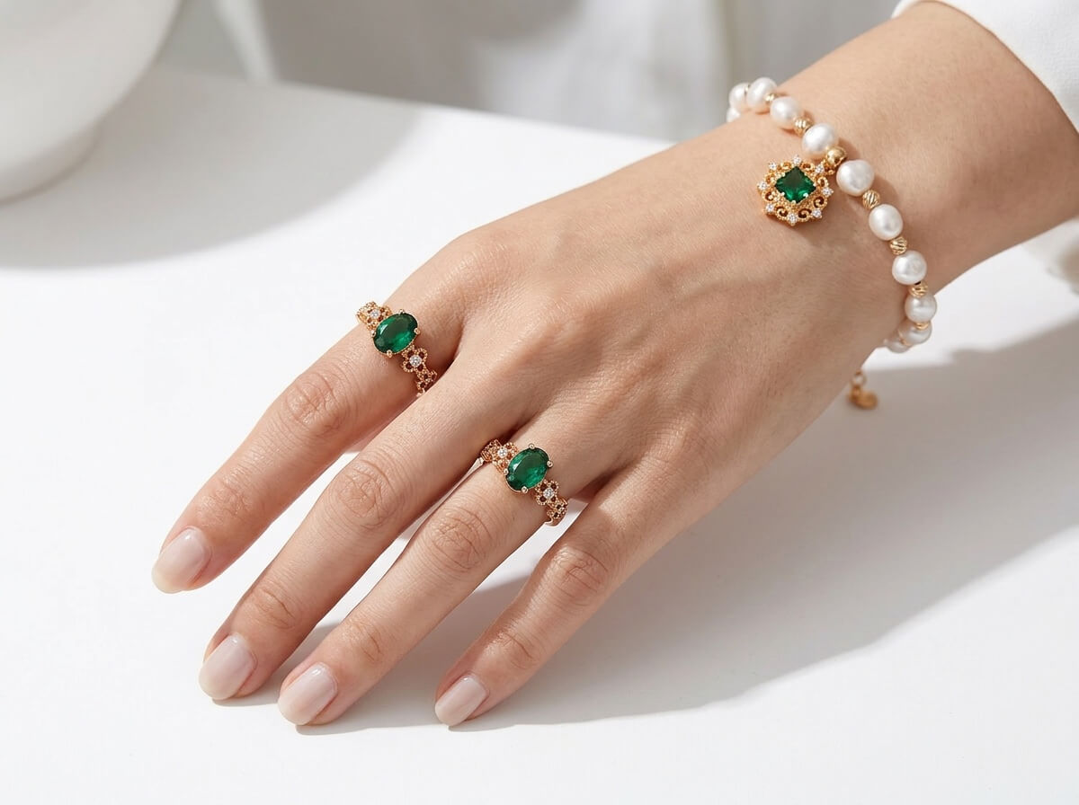 Emerald Oval Floral Accent Ring