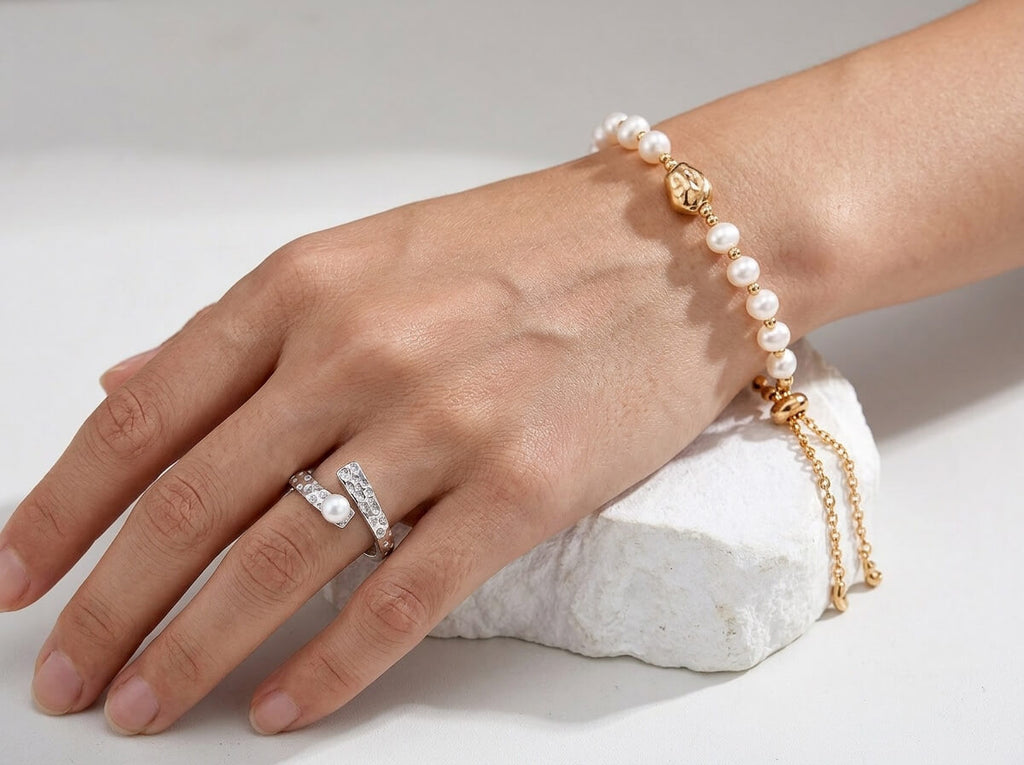 Hammered Bypass Pearl Open Ring