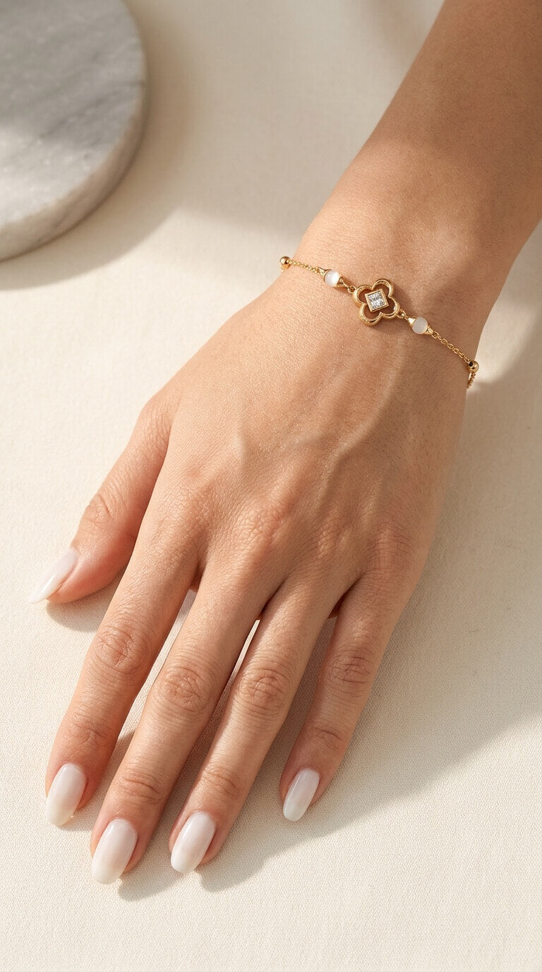 White Shell & CZ Quatrefoil Station Chain Bracelet
