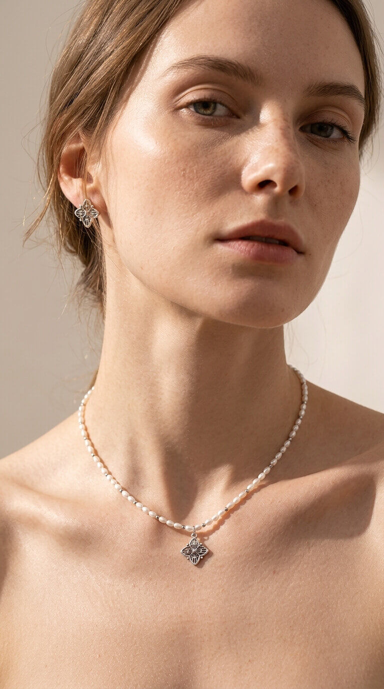 Filigree Star Compass Pearl & Bead Strand Necklace