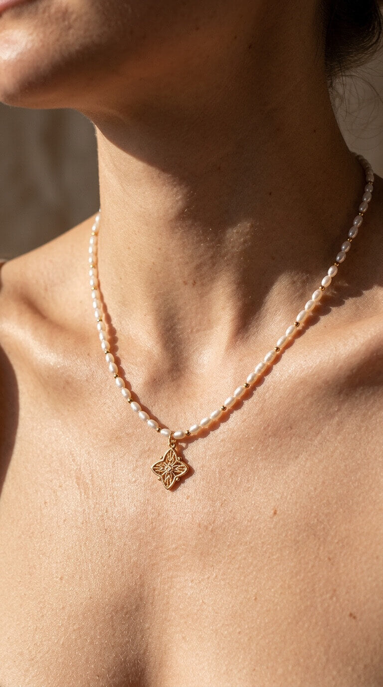 Filigree Star Compass Pearl & Bead Strand Necklace