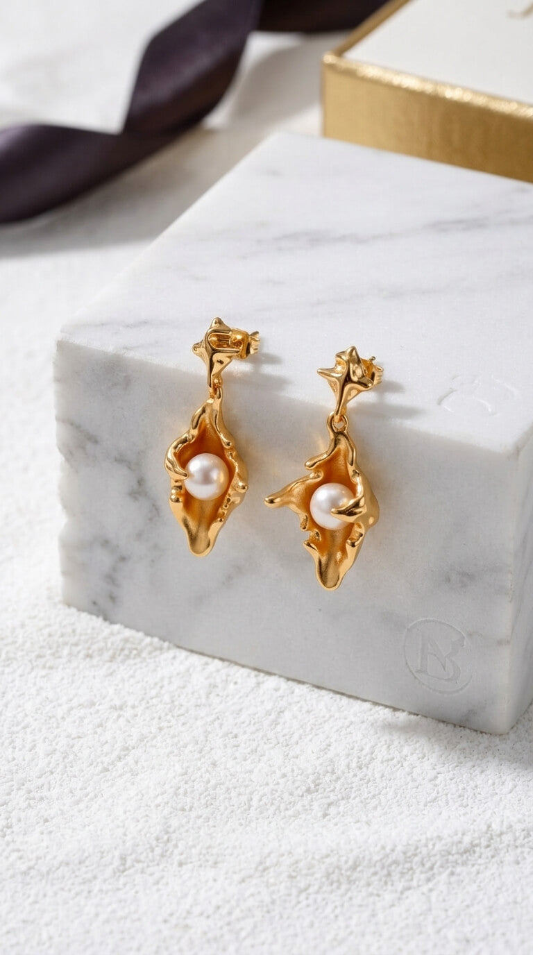 Molten Oyster Shell Pearl Drop Earrings