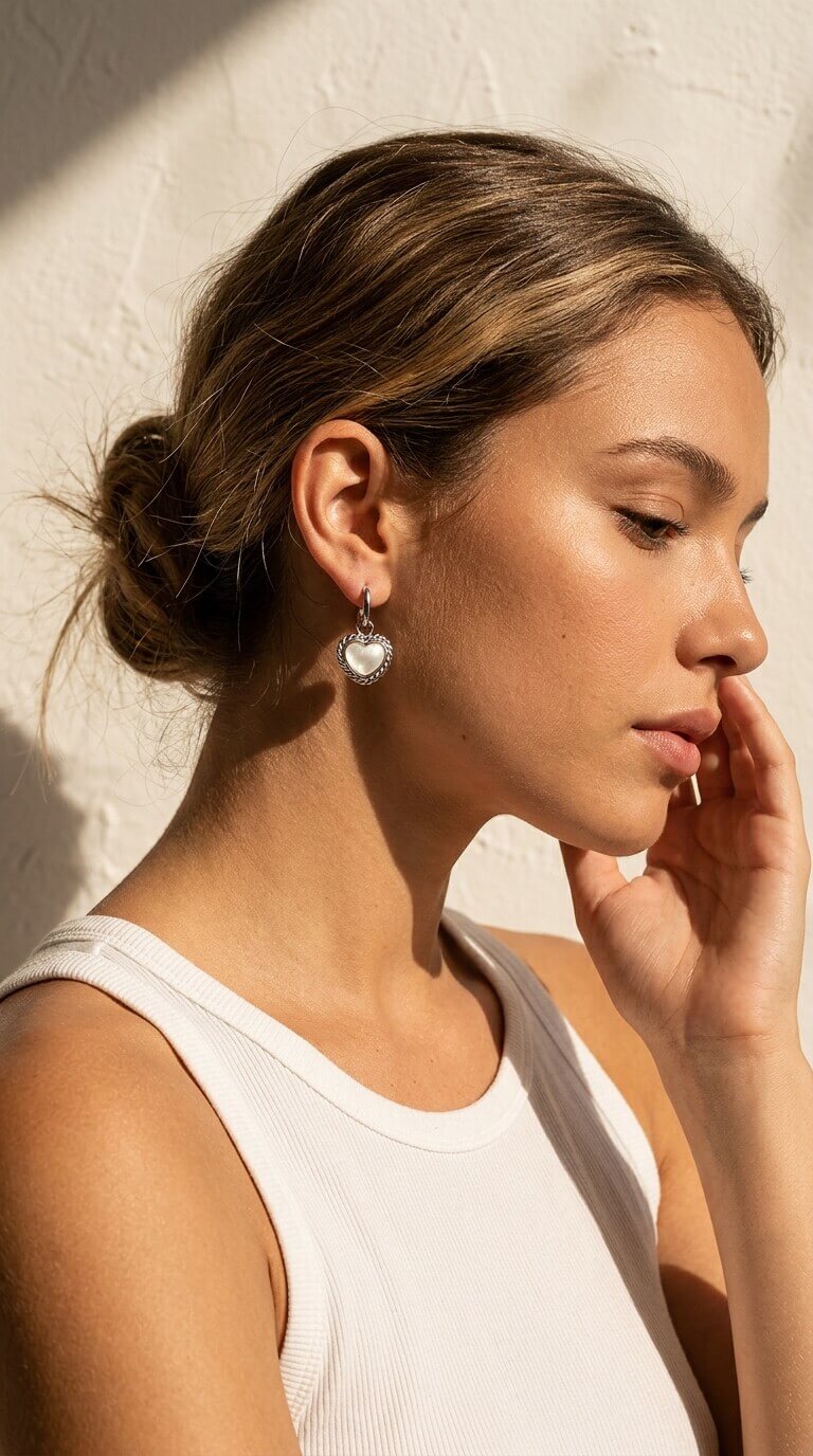 Heart Nacre Hoop Drop Earrings