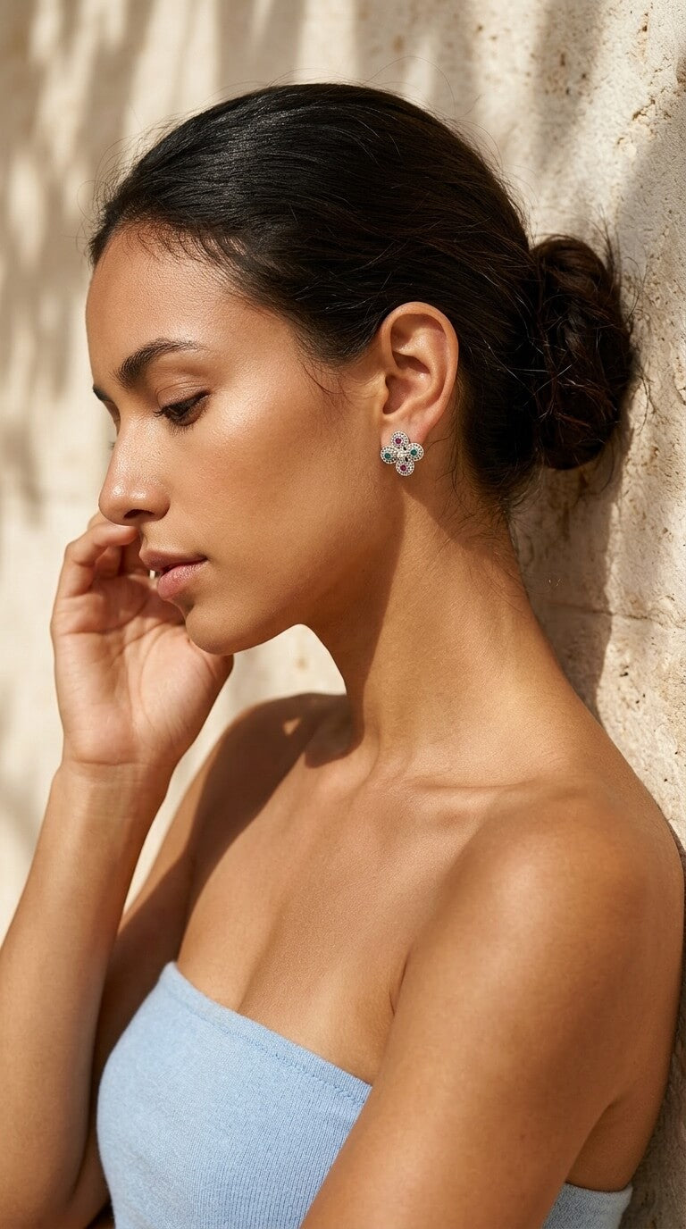 Byzantine Quatrefoil Multicolor CZ Stud Earrings