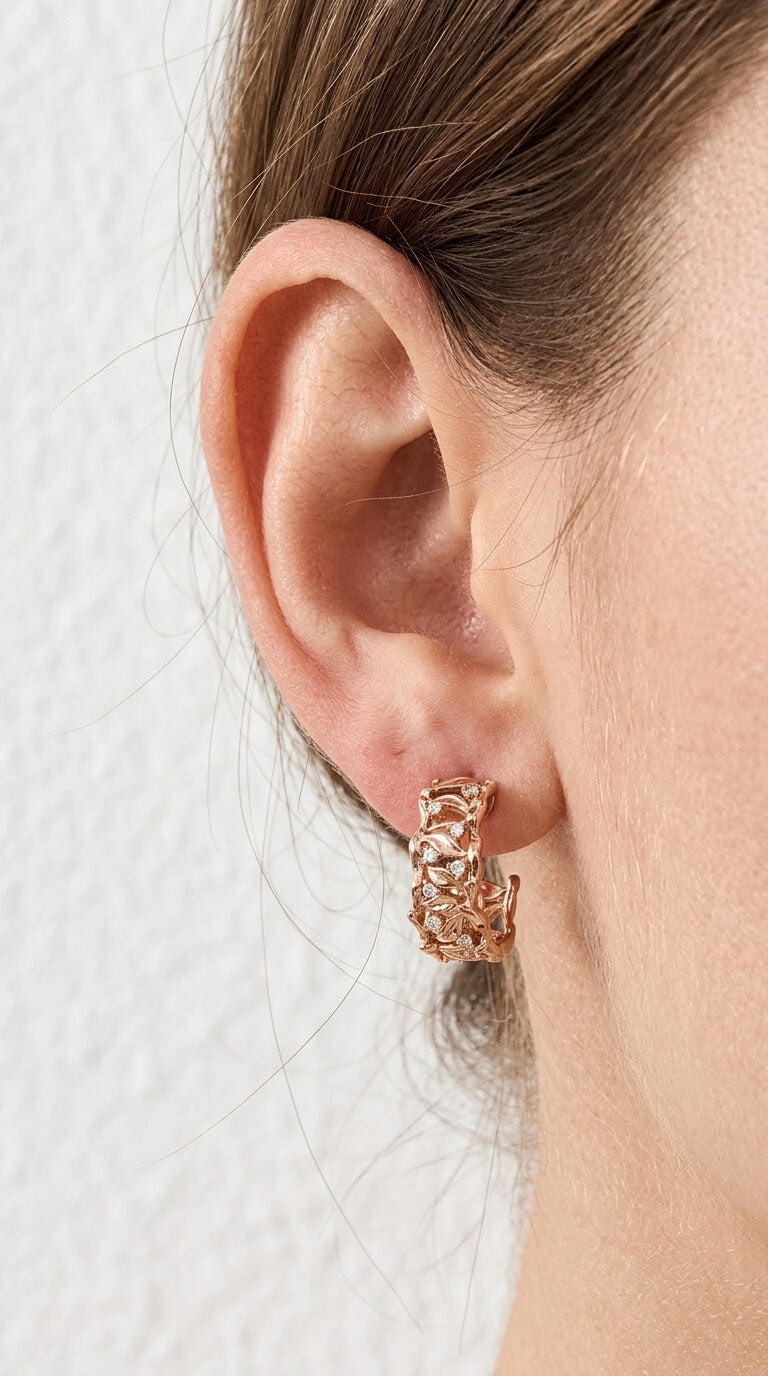 Botanical Leaf CZ Huggie Hoop Earrings