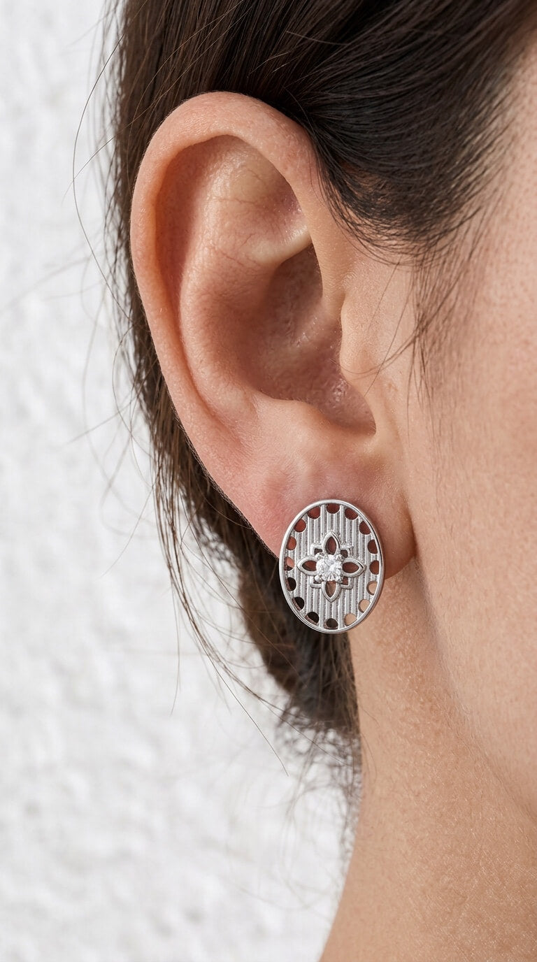 Oval Filigree CZ Stud Earrings