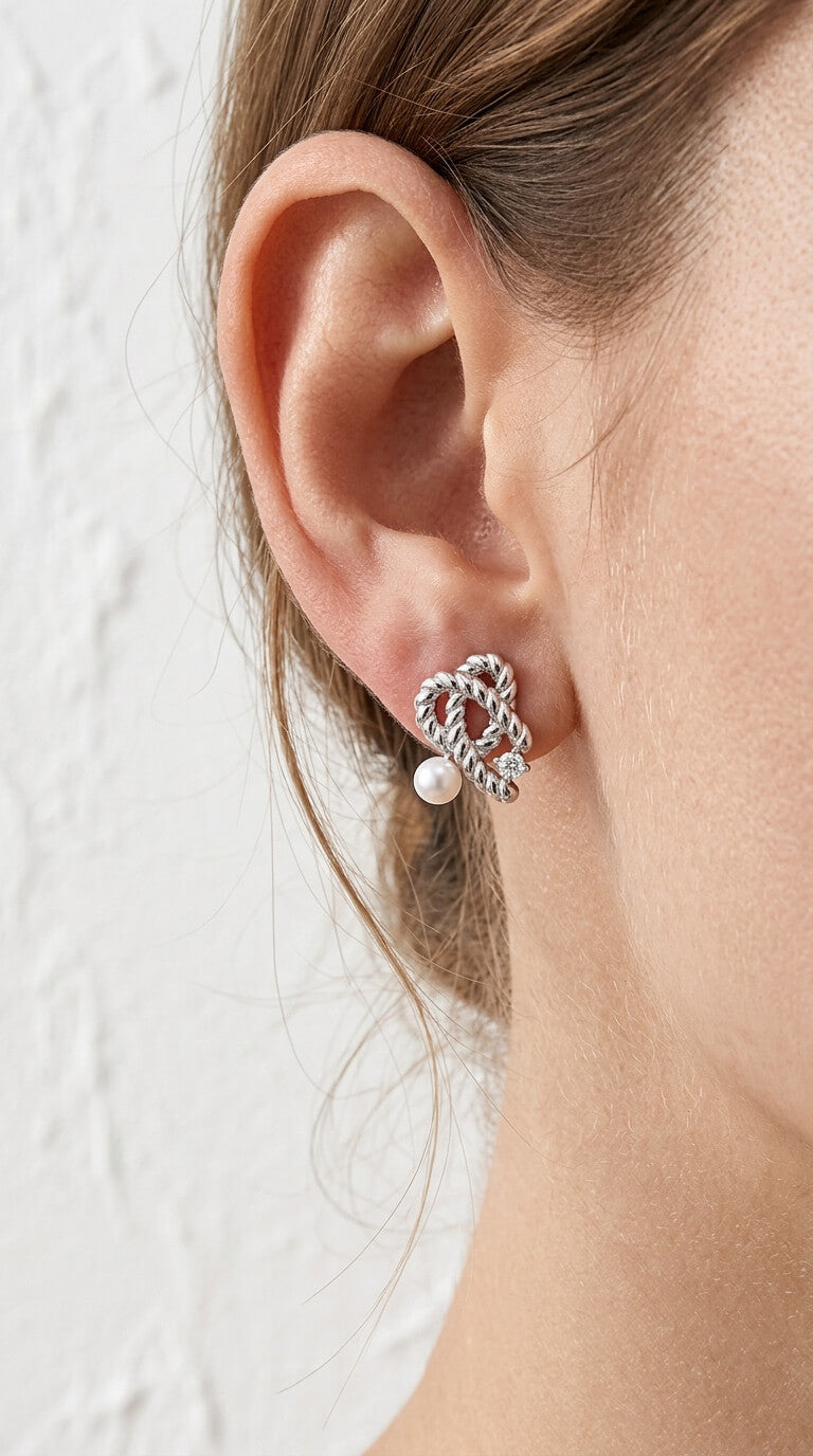 Twisted Rope Knot Pearl Stud Earrings