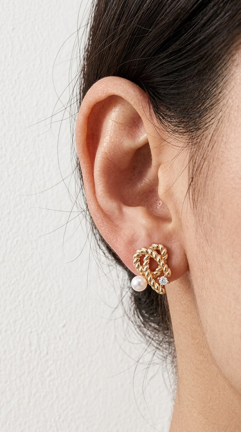 Twisted Rope Knot Pearl Stud Earrings