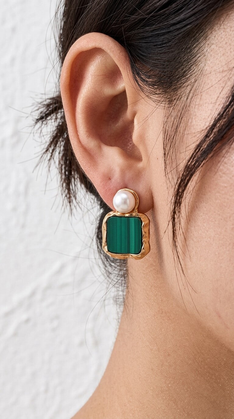 Malachite & Pearl Square Drop Earrings