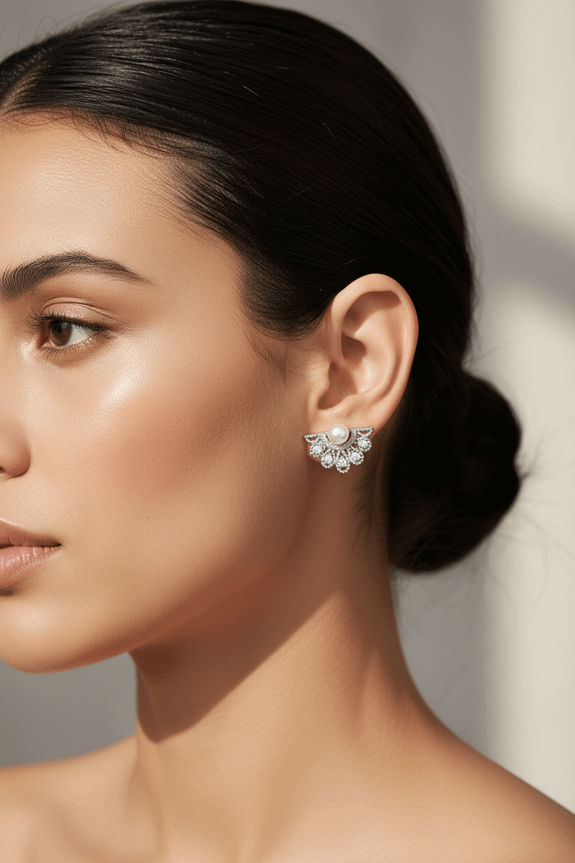 Art Deco Fan Pearl Stud Earrings